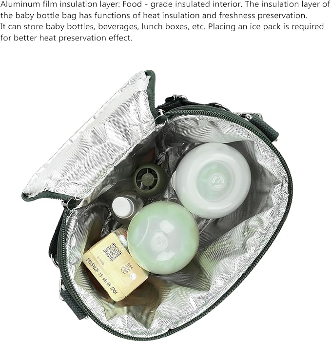 Lmbabter Embroidered Bear Stroller Organizer Tote Bag, Bottle Insulation Pouch, Portable Cooler Storage Essential for Milk/Breast Pump,Baby Travel Supplies (Green)