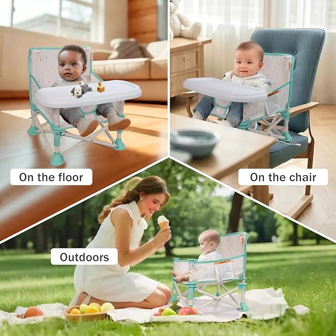 Tiny Marvels 3-in-1 Portable Baby Chair, Foldable Booster Seat with Removable Tray, Safety Harness & Carry Bag for Dining, Travel, Camping, Beach, 6M-3Y (Cream Confetti)