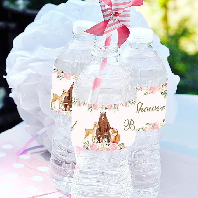 28PCS Woodland Baby Shower Water Bottle Labels Woodland Creatures Waterproof Water Bottle Wrappers for Girls