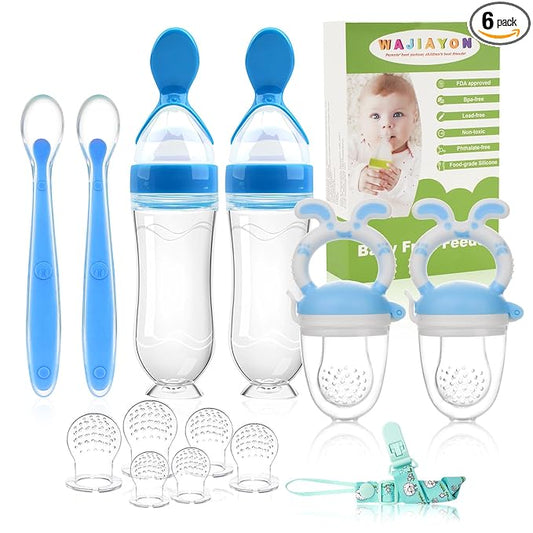 Baby Fruit Feeder Pacifier | 2 Infant Food Feeder Pacifier & 2 Baby Food Dispensing Spoon | Fresh Fruit Teethers for Babies | Silicone Feeder Babies,Infant Teething Feeders (Blue-Rabbit)