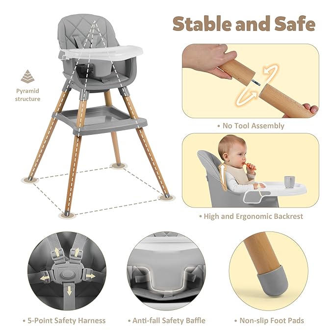 TODEFULL 8 in 1 Wooden High Chairs for Babies Toddlers, Convertible to Booster Seat, Baby Feeding Highchair w/ 5-Point Safety Harness, Removable Tray & Cushion, Gray