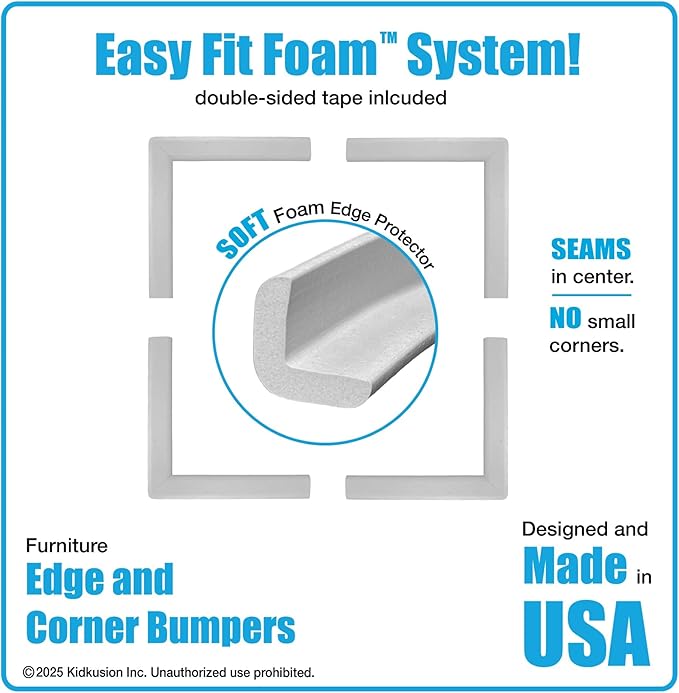 KidKusion Corner and Edge Protector | Easy Fit System | Soft Durable Foam Rubber Padding for Furniture w/Doublesided Tape | Babyproofing Bumper Guards | Large Profile | 16 Ft. | Soft Gray