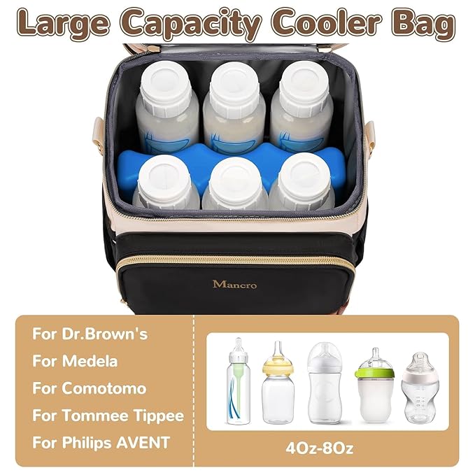 Mancro Expandable Bottle Cooler Bag Fits 6 Bottles Up to 9oz, Double Layer Breastmilk Cooler Bag with Ice Pack, Leakproof Breast Milk Cooler Travel Bag with Stroller Strap for Nursing Moms, Black