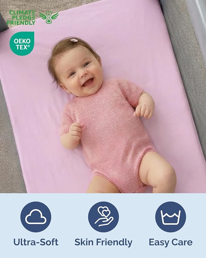 Pack and Play Sheets Fitted - 2 Pack Mini Crib Sheets for Pack N Play Mattress - Unisex Playard Microfiber Bedding for Boys & Girls - Soft, Breathable & Wrinkle Free - Oeko-Tex, 38 x 26in - Pink Duo