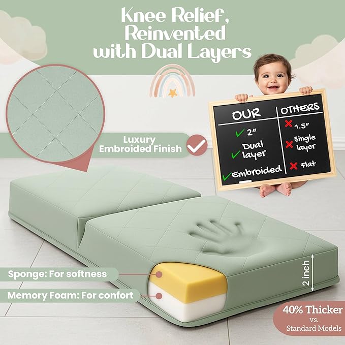 2inch XL Baby Bath Kneeler and Elbow Rest Pad Set + Hooded Towel - Embroidered Kneeling Pad for Bathing Baby - Dual-Layer Memory Foam Bathtub Kneeler and Elbow Rest Set