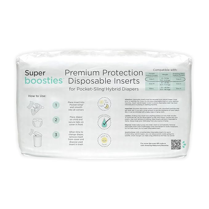 Overnight Diaper Leak Stopper, Super Boosties Disposable Inserts, Use with Pampers Sizes 2-6, Honest Hybrid Diaper Cover Sz Small, Amazing Baby Cover Sz 2, Pocket-Sling Compatible, 4.3x11 in, 96 count
