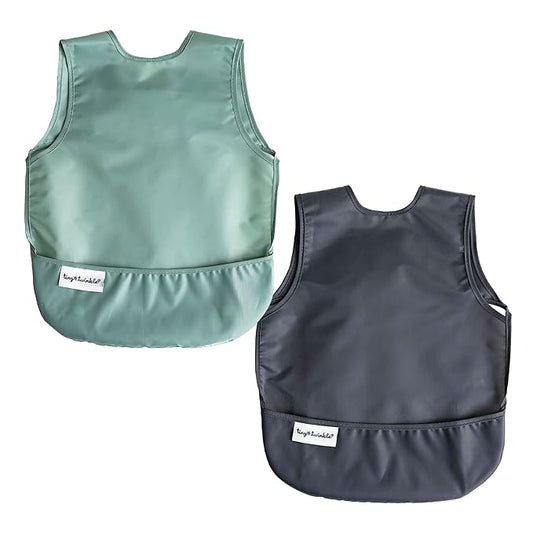 Tiny Twinkle Mess Proof Baby Bibs | 2 Pack Waterproof Toddler Bib for Eating | Baby Apron for Feeding, Machine Washable, Perfect Shower Gift (Sage Charcoal, 6–24M)