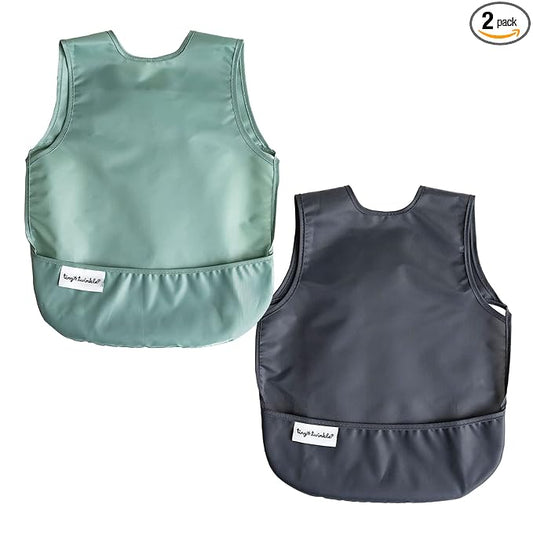 Tiny Twinkle Mess Proof Baby Bibs | 2 Pack Waterproof Toddler Bib for Eating | Baby Apron for Feeding, Machine Washable, Perfect Shower Gift (Sage Charcoal, 2-4Y)