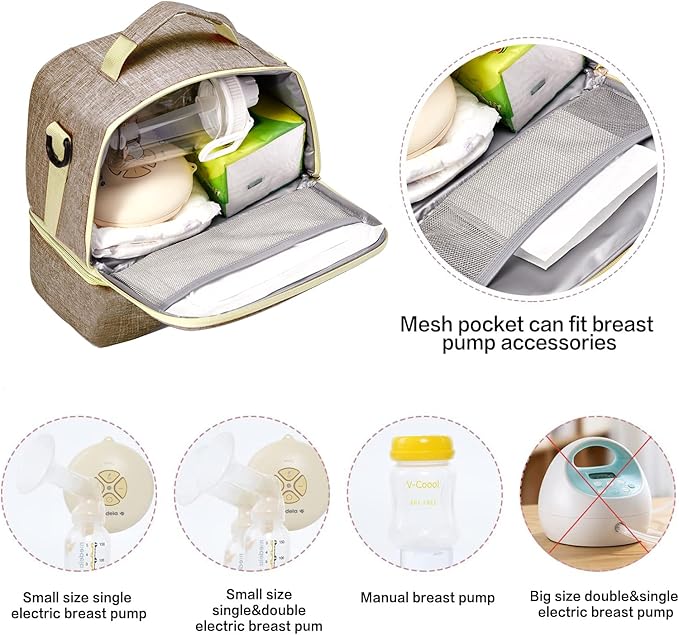 Breast Pump Bag Cooler Compartment for Breast Pump - Cooler and Moistureproof Bag Double Layer for Mother Breast Milk Pump Lunch Bag Outdoor Working (Khaki)