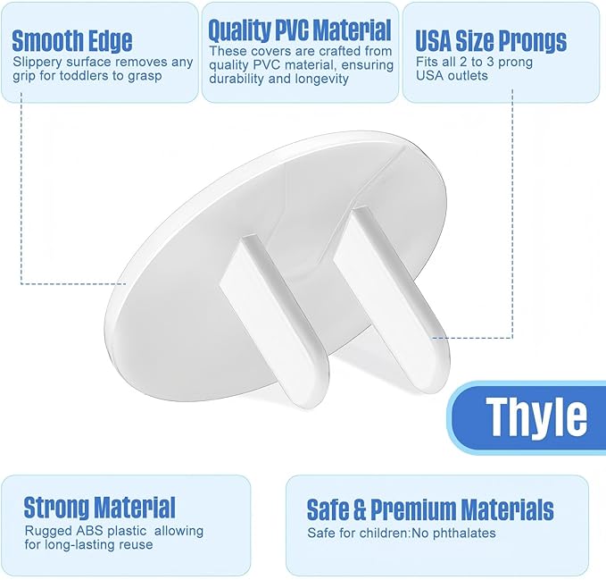 Thyle 200 Pcs Baby Proofing Outlet Covers Bulk Improved Grip Socket Guards for Child Safety Standard Universal Electrical Plug Protectors for Home Office Daycare (White)