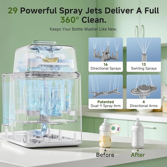 Bottle Washer, Sterilizer & Dryer – 19-Min Fast Cleaning, All-in-One Machine for Baby Bottles, Pump Parts & Feeding Accessories with 3 High-Temp Sterilization Modes, 60 Cleaning Tablets.