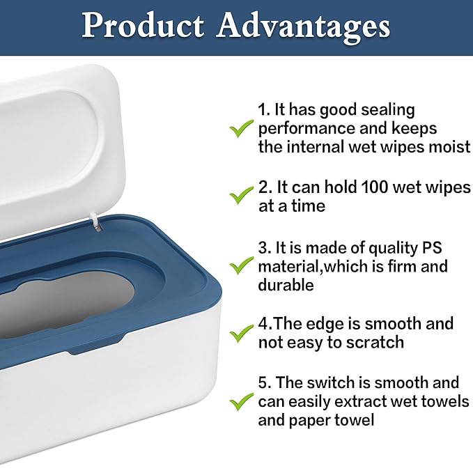 NOVWANG Wipes Dispenser Baby Wipe Holder with Lids, Keeps Wipes Fresh, Refillable Wipes Container with Sealing Design, Bathroom Tissues Wipes Case Box, Blue