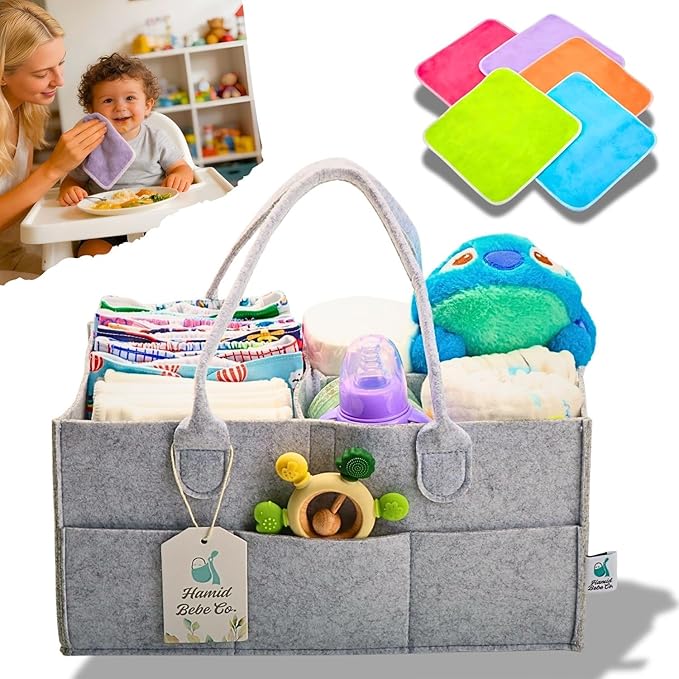 Hamid Baby Diaper Caddy Organizer – Includes Infant Face Cleaning Towel – Grey Large Portable Nursery Storage Basket with 3 Compartments, 8 Pockets, Removable Dividers – Car, Travel Diaper Bag