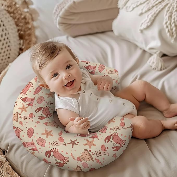 Cartoon Ocean Beach Crab Starfish Seashells Sandcastle Pattern Nursing Pillow Cover, Unisex Removable Breastfeeding Pillowcase Slipcover for Baby Girls Boys Newborns Toddlers, Cover Only