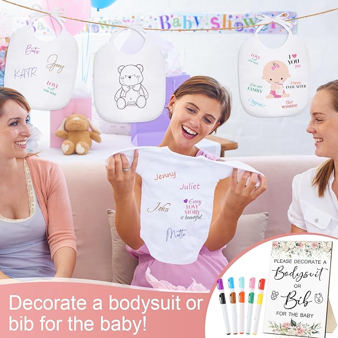 Roowest 35 Pcs Baby Shower Bibs Games Design Wooden Baby Shower Party Game Sign DIY Bodysuit Sign 15 White Blank Bibs 9 Bodysuit 10 Markers for Party Supplies(Flower)