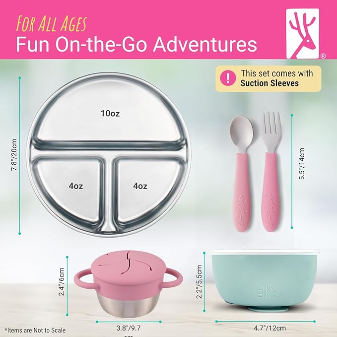 Elk and Friends Kids Stainless Steel Mealtime Bundle | Plates, Bowls, Snack Cups + Toddler Utensils | Silicone Suction Sleeves + Travel Storage Lids | For Meals + Snacks | Dishwasher Safe
