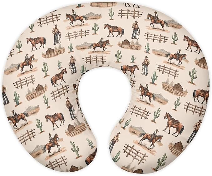 Lotusorchid Western Cowboy Nursing Pillow Cover Cactus Horse Nursery Feeding Pillowcase, Washable Comfy Breast Feeding Pillowcases, Breathable Nursery Breast Feeding Pillow Slipcover for Infant