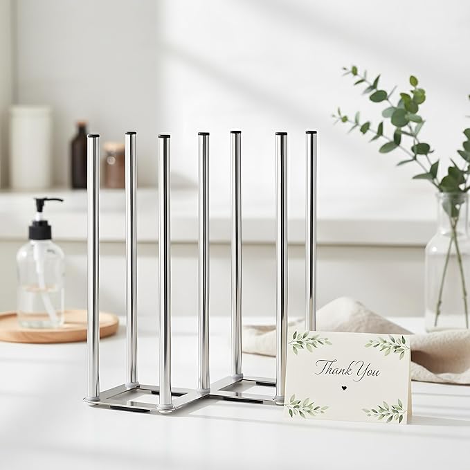 Water Bottle Drying Rack, Cup Drying Rack for Counter, Stainless Steel Tumbler Dryer Stand, Space-Saving Mug & Glass Drying Rack, Heavy-Duty Holder for Cups & Water Bottles (Silver – 7 Pegs)