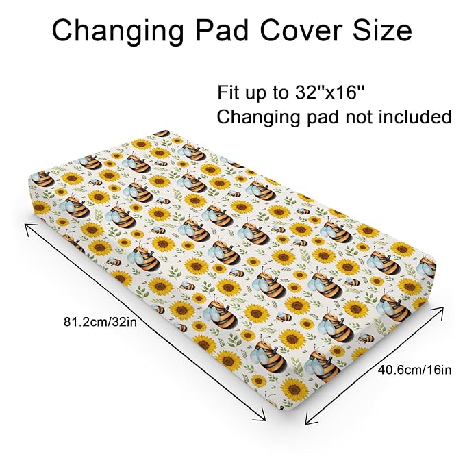 Cute Bees Sunflowers Leaves Changing Pad Cover Bees Boho Floral Diaper Change Table Pad Covers for Girls or Boys Soft Breathable Stretchy Snug Fitted Changing Sheets Mats Cover 32''x16''
