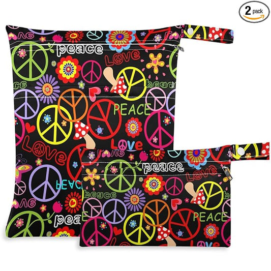 visesunny Hippie Peace Symbol Mushroom And Abstract Flower 2Pcs Wet Bag with Zippered Pockets Washable Reusable Roomy for Travel,Beach,Pool,Daycare,Stroller,Diapers,Dirty Gym Clothes, Wet Swimsuits, T