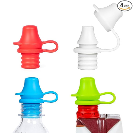 Kiddikap Original Water Bottle Topper for Toddlers – 100% Silicone Sippy Top Spout with Protective Cap makes the Bottle Top a Spill Proof Lid for Kids and Adults - 4 Pack - Original