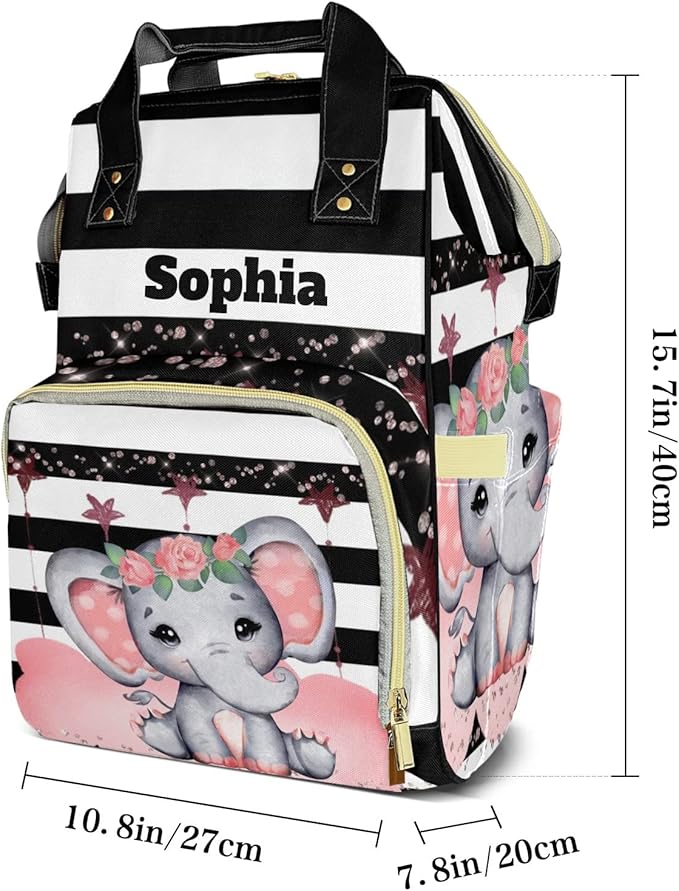Elephant Cute Diaper Backpack with Name Custom Backpack Mommy Nappy Baby Bag Waterproof Casual Travel Daypack Tote Bag for Mom Dad 10.8"x7.8"x15.7"