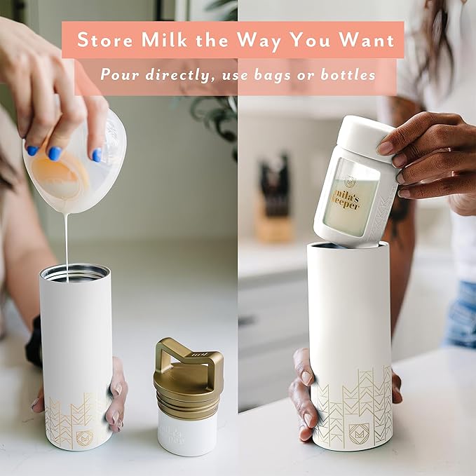 Mila's Keeper Portable Insulated Breast Milk Cooler Set | 20 Hr Storage | Cooler, Breast Milk Storage Bottle & Ice Pack for Travel | Fits Leading Pumps | Standard Neck Aspen White