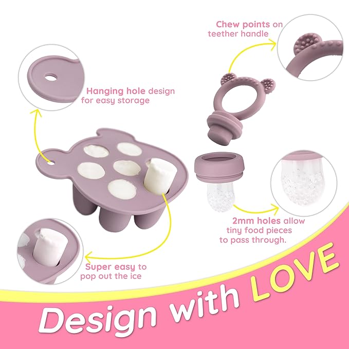 Baby Teething Relief teether, Breast Milk Popsicle Mold for purees .Silicone Baby Fruit Food Feeder for Safe Infant Self Feeding, BPA Freefor 3 Month+ (Dusty Lilac)