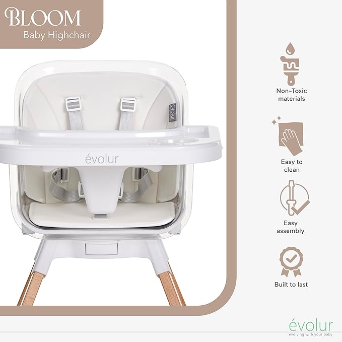 Evolur 360° Bloom Highchair, Rotating, Convertible Baby Feeding Chair with Adjustable Height, Removable Tray, Easy to Clean, Stylish & Space-Saving for Newborns & Toddlers - Panna Cotta
