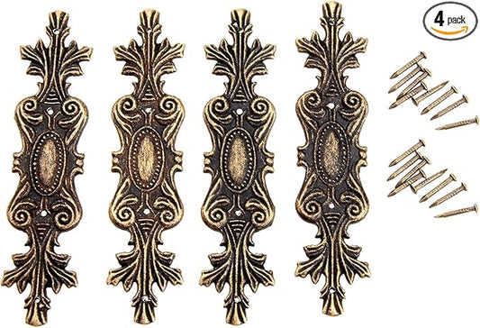 dophee 4 Pack Retro Decorative Corners Bracket, Antique Bronze Applique Furniture Chest Case Wooden Box Feet Leg Corner Protector Guard Furniture Fittings with Mounting Nails, 100x23mm/3.94"x0.91"