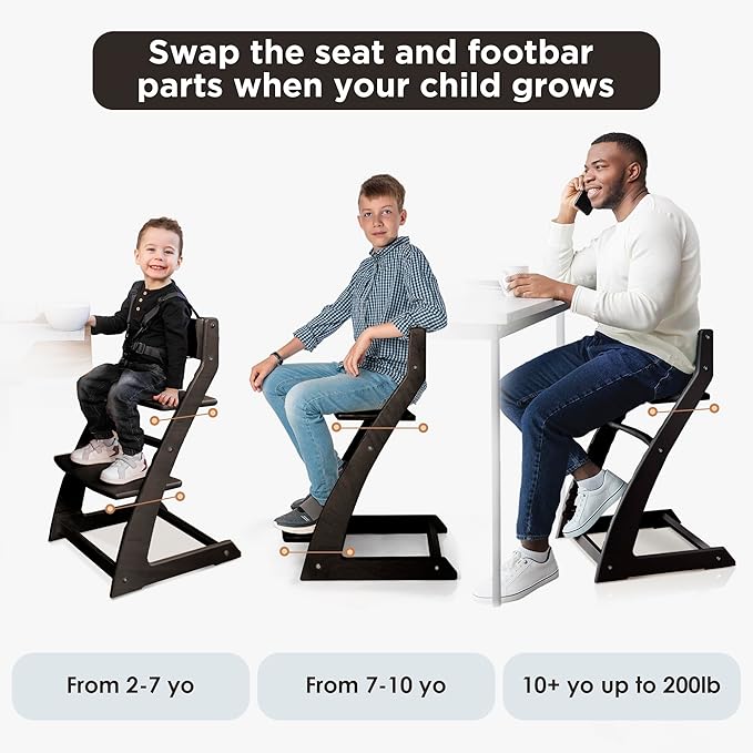 FORNEL Modern Black Wooden High Chair | Adjustable Grow-with-Me Toddler Seat for Age 3 to 15 | Perfect for Minimalist & Industrial Kitchens