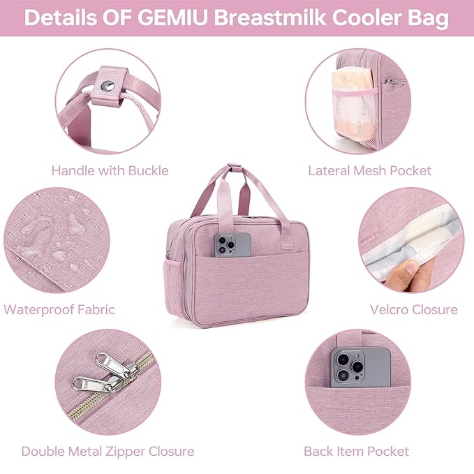 GEMIU Breastmilk Cooler Bag with Ice Pack,Fits 6 Baby Bottles Up to 9 Ounce Breast Milk Cooler Travel Bag Compatible with Wearable Breast Pumps & Accessories for Nursing Mom Daycare Pink
