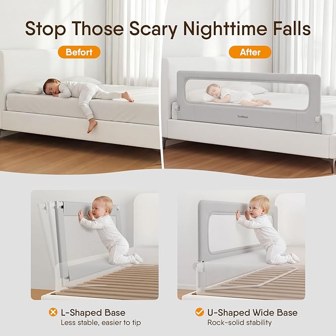 Folding Bed Rail for Toddlers, Baby Bed Rail Guard with Reinforced Anchor Safety System, Toddler Bed Rails for King Size Beds, Twin, Full, Queen (Grey, 71"x21.6")