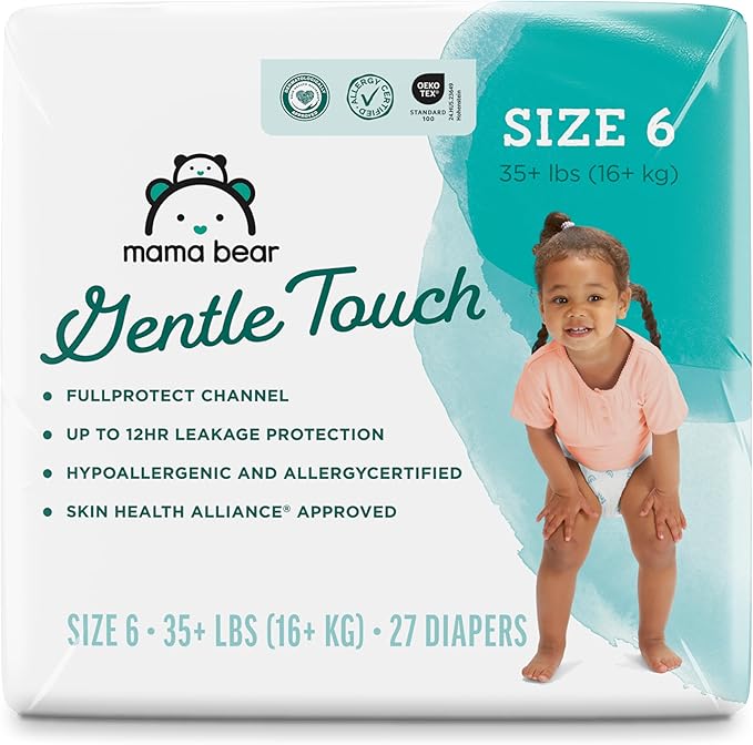 Amazon Brand - Mama Bear Gentle Touch Baby Diapers, Size 6, 27 Count, Disposable, Leak Protection, Stretchy Waistband, Wetness Indicator