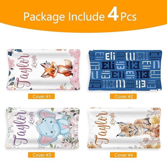 Custom Changing Pad Cover Set - Jersey Knit Comfy CozyUltra Soft Unisex Diaper Changing Table Covers with Personalized Name for Baby Boys Girls - Waterproof Ultra Soft 4 Pcs Set Style07