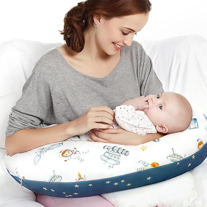 GRSSDER Reversible Nursing Pillow Cover, Ultra Soft Stretchy Minky Removable Nursing Covers Fitted for Breastfeeding Pillows Snug and Safe, Space