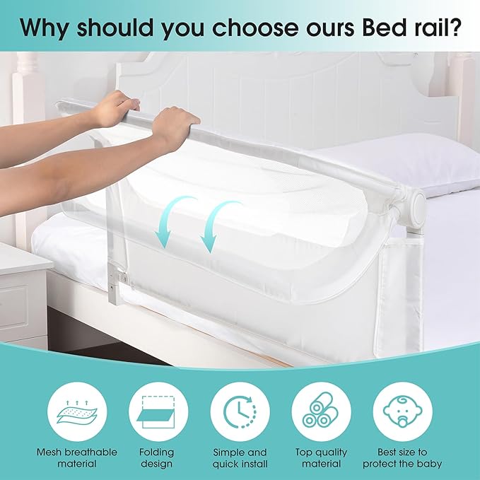 NUTIKAS Baby Bed Rail Guard for Toddlers -46" Toddler Bed Rails for Twin, Full, Queen, King Bunk Size Bed Swing Down Bedrail Extral Tall Child Safety Side Railing Guards for Kids