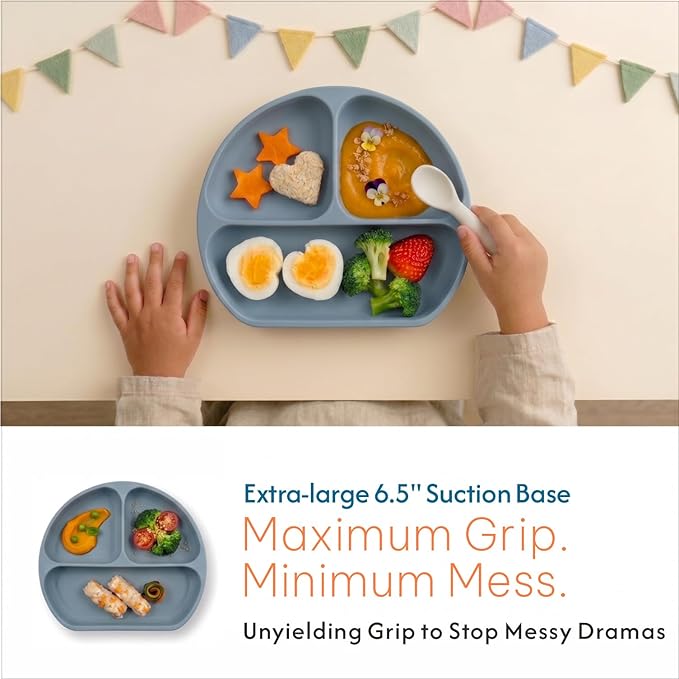 Remonda 17-Piece BPA-Free Baby Silicone Feeding Set | Extra Large Suction Plates, Toddler Bowls, Self Feeding Spoons, and More | Dishwasher Safe| Infant Led Weaning Supplies（Blue）