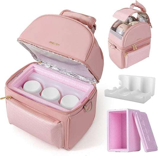 SUNVENO Breast Milk Cooler Bag with Detachable Insulation Box, Double-Layer Pumping Travel Bag for Work & Daycare, Fits Bottles, Ice Packs and Pump Parts,Pink