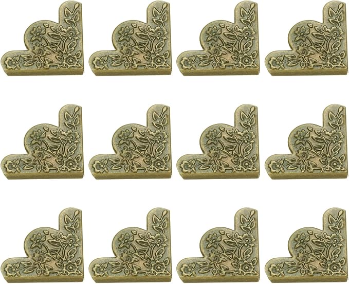 dophee 12Pcs Decorative Corner Protector, Jewelry Box Wooden Box Chest Furniture Guard Edge Cover, Metal Flower Carved No Holes, 1.69"x1.69"x0.2" - Antique Bronze