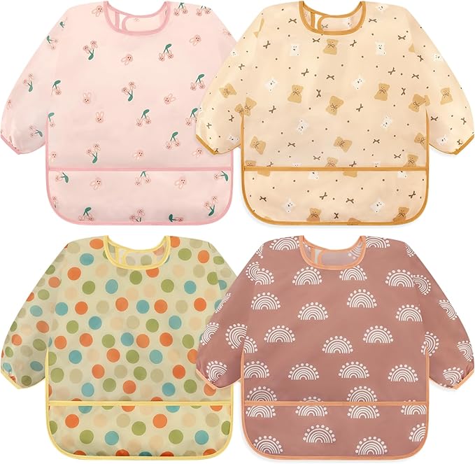 Accmor 4 Pack Long Sleeve Bibs, Baby Smock Waterproof Sleeved Bib Smock for Baby Toddler 6-36 Months