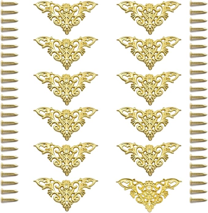Furniture Decorative Edge Cover Antique Metal Carved Corner Protector for Jewelry Box, Album, Book, Cabinet, Desk etc. 12pcs Gold