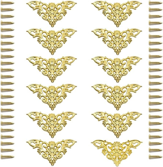 Furniture Decorative Edge Cover Antique Metal Carved Corner Protector for Jewelry Box, Album, Book, Cabinet, Desk etc. 12pcs Gold