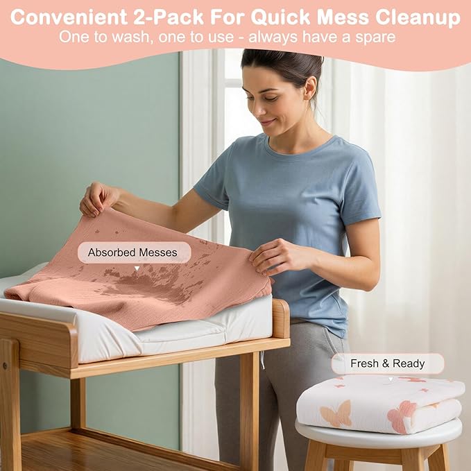 Basumee Muslin Changing Pad Cover Waterproof 2 Pack Baby Changing Table Covers for Boys and Girls Soft Breathable Nursery Diaper Change Table Cover Pad Fits 32"x16", Pink Butterfly