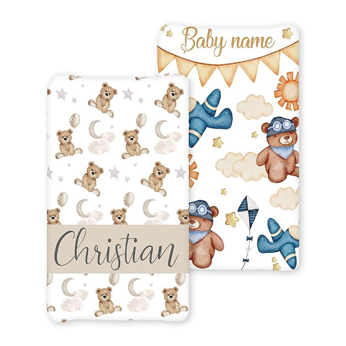 Personalized Baby Changing Pad Cover - 2 Piece Bear Pattern Baby Pee Pad Cover Nursery Bedding with Name, Portable Diaper Changing Pad Gifts for 0-6 Years Infant