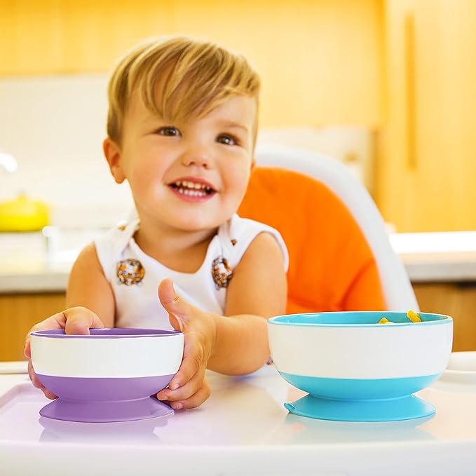 Munchkin® Snack Catcher® Toddler Snack Cups, 2 Pack, Pink/Purple & ® Stay Put™ Suction Bowls for Babies and Toddlers, 3 Pack, Blue/Green/Purple