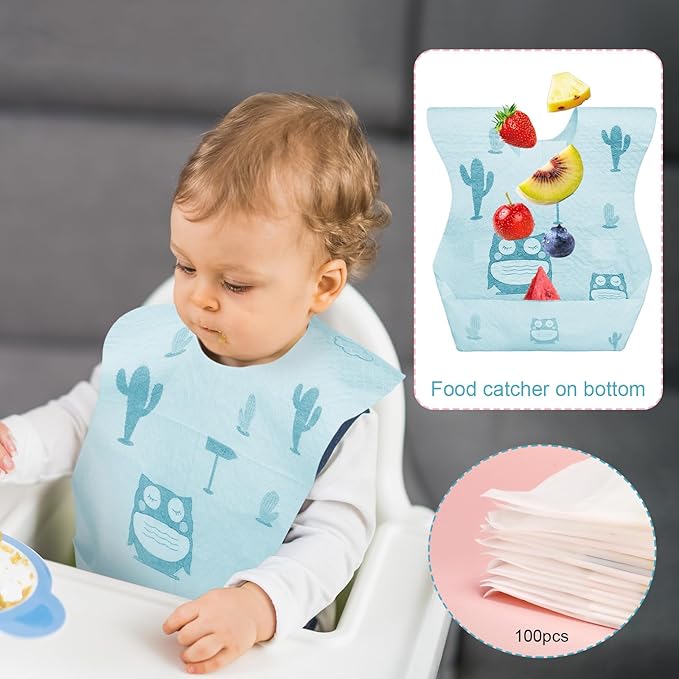 Shinymoon 100 Pcs Disposable Baby Bibs Individual Wrapped Travel Bibs Waterproof Food Catcher for Toddlers Girls Boys Feeding