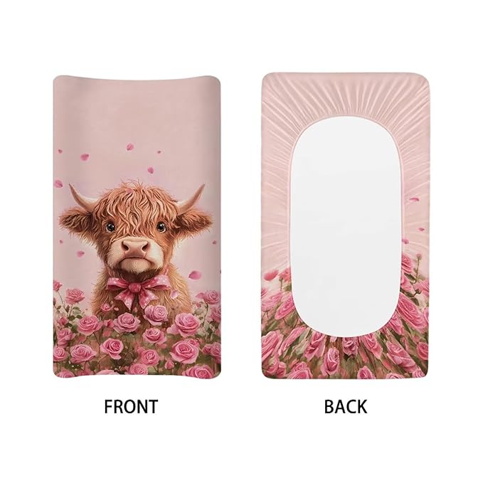 Valentines Day Changing Pad Cover Highland Cow Rose Flower Diaper Changing Mat Cover Sheets for Newborn Boys Soft Breathable Nursery Changing Table Sheets 32x16 Inch