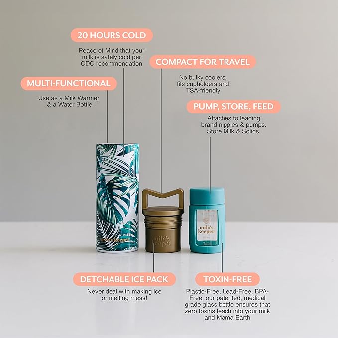 Mila's Keeper Portable Insulated Breast Milk Cooler Set | 20 Hr Storage | Cooler, Breast Milk Storage Bottle & Ice Pack for Travel | Fits Leading Pumps | Wide Neck Panama Palms