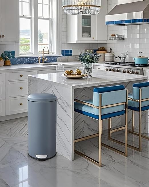 8 Gallon Trash Can, Stainless Steel Garbage Can with Soft Close Lid, Removal Liner, Pedal Trash Can Round Tall Trash bin for Kitchen, Office, Living Room or Bathroom, Grey
